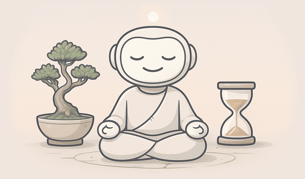 Zendu meditating robot with bonsai and hourglass